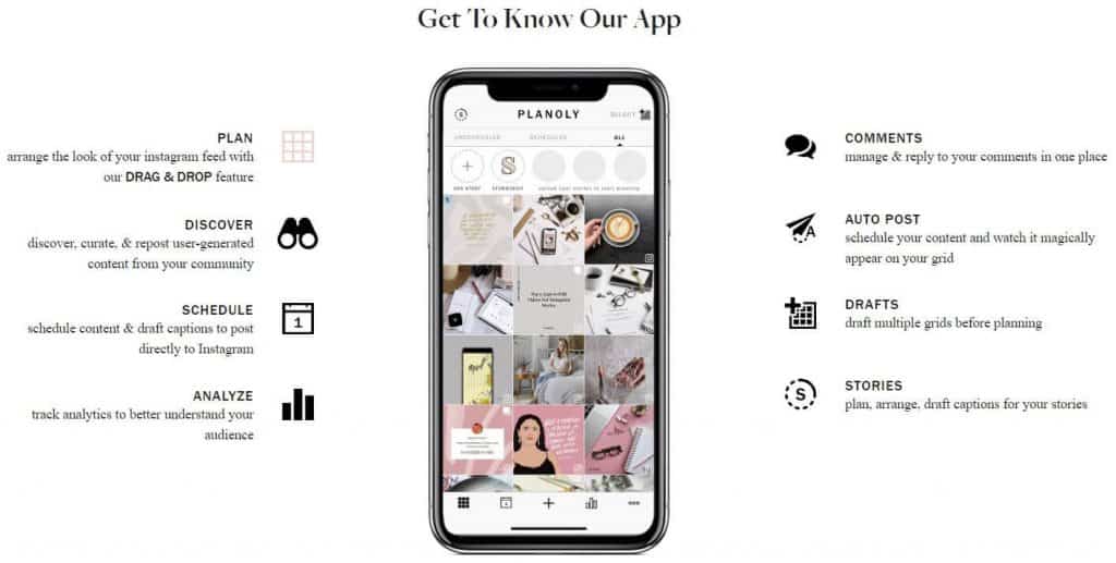 Screenshot taken from Planoly website. A phone with an Instagram feed on the screen with text on the right and left.