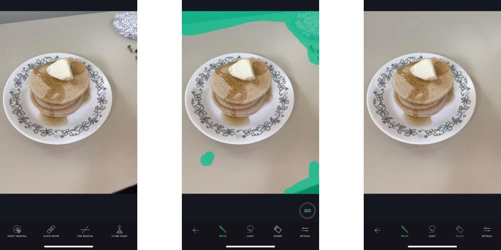 Three photos that show how you can use an app to remove unwanted things from your images. In this case, the image is of pancakes on a plate and we are removing some of the items on the table beside it