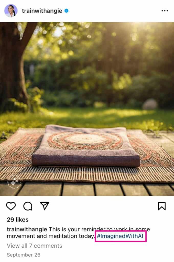 A screenshot of an Instagram post with a hashtag #ImaginedWithAI highlighted.
