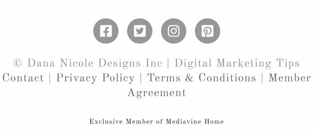 Screenshot of the footer of a website that includes social media icons and links to policy agreements.